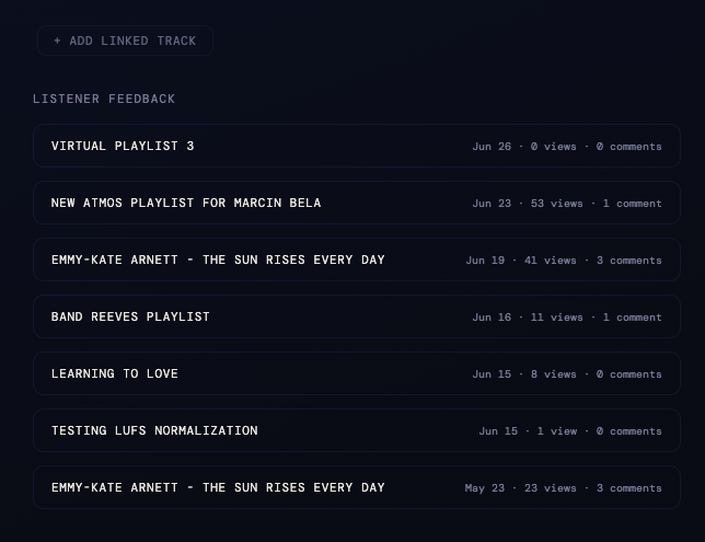 Tracklyst creator view showing named projects with view and comment counts