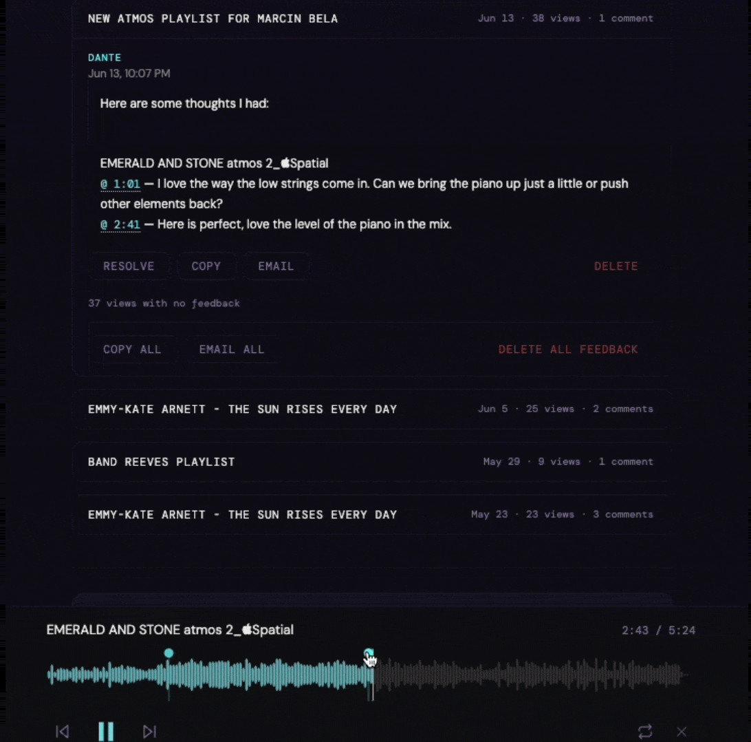 Clicking a waveform marker highlights the matching listener comment